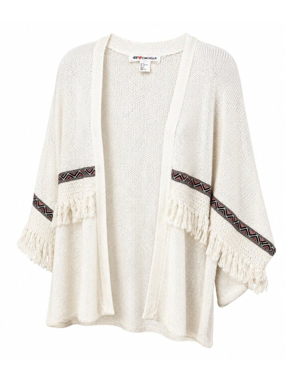 H&M Coachella Boho Kimono Cardigan Womens S Ivory Tribal Festival Fringe Cotton
